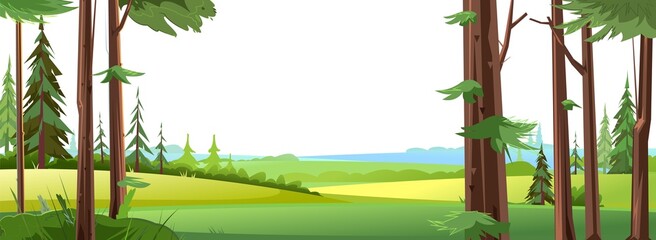 View of rural fields and meadows. Farmer Garden. Beautiful coniferous trees. Summer rural landscape. Illustration in cartoon style flat design Isolated on white background. Vector