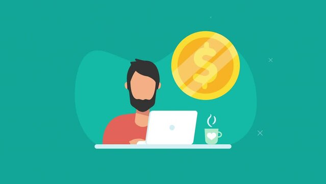 dollar coin icon and man on computer motion animation. freelancer man on computer. turquoise background