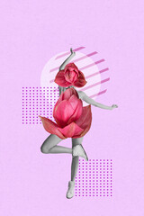 Contemporary art collage. Beautiful flowers instead head of female body on light summer background....