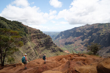 Fototapeta na wymiar Two hikers on a red rock ledge over a canyon