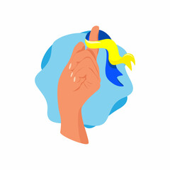 Symbol of support for Ukraine. Concept of praying for Ukraine, women hand holding ribbons Ukrainian flag. Vector cartoon illustration isolated on a white background