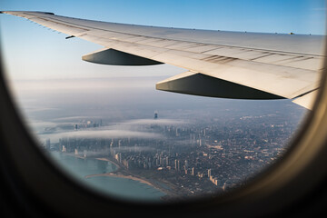 Chicago skyline take from an airplane window
