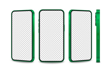 Vector set of phone mockups from different angles. Green phone mockup, technology device, smartphone with blank screen. Empty display. PNG.