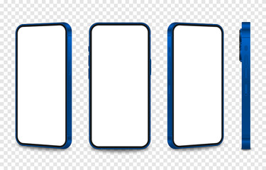 Vector set of phone mockups from different angles. Blue phone mockup, technology device, smartphone with blank screen. Empty display. PNG.