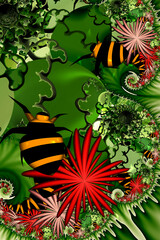 3d fractal illustration. Abstract fractal in bright and colorful color. Fractal flora with insects.