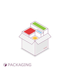 Package isometric line style concept. Box with smaller items inside. Color boxes in one cardboard with lines and dots. Shipping and creating, developing compact modular packages and elements.