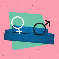 Contemporary art collage. Male and female gender signs lying on blue sofa isolated over pink and...