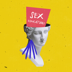 Contemporary art collage. Antique statue bust claiming on importance of sex education isolated over...