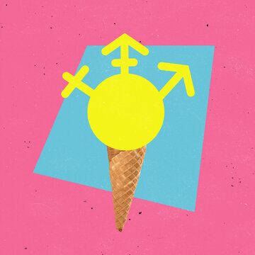 Creative design. Contemporary art collage. Ice cream image with male and female gender sign symbolizing relationship