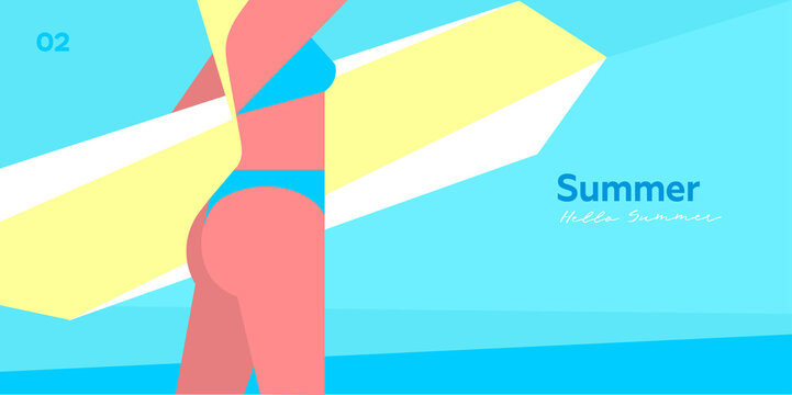 Girls in swimsuits on the beach. Surfing. Vector illustration. Beautiful summer beach. Holiday card. Summer vacation.