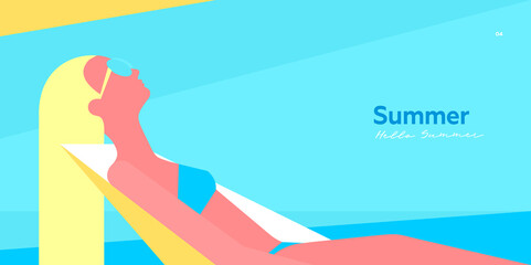 Girls in swimsuits on the beach. Vector illustration. Beautiful summer beach. Holiday card. Summer vacation.