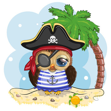 Owl pirate, cartoon character of the game, a bird in a bandana and a cocked hat with a skull, with an eye patch. Character with bright eye.