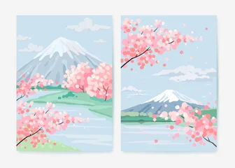 Poster Spring cherry blossom landscape background. Hand drawn card, poster, banner or cover design template with blossoming sakura flowers © AM_art