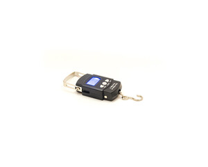 High contrast blue backlit LCD display on digital hanging fishing scale with retractable handle and foldable hook isolated on white © trongnguyen