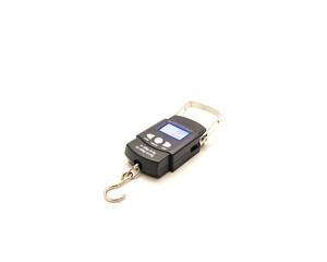 High contrast blue backlit LCD display on digital hanging fishing scale with retractable handle and foldable hook isolated on white © trongnguyen