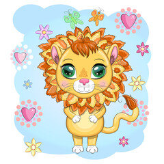Cartoon lion with expressive eyes. Wild animals, character, childish cute style.