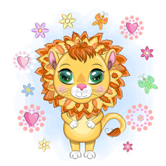 Cartoon lion with expressive eyes. Wild animals, character, childish cute style.