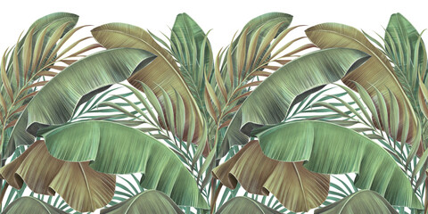 Tropical seamless border with beautiful palm, banana leaves. Hand-painted vintage 3D illustration. Glamorous exotic abstract background design. Luxury wallpaper, posters, paper, cloth, fabric printing