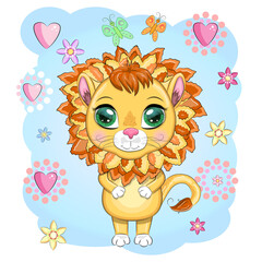 Obraz premium Cartoon lion with expressive eyes. Wild animals, character, childish cute style.