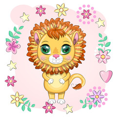 Cartoon lion with expressive eyes. Wild animals, character, childish cute style.