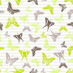 Flying butterfly silhouettes over striped background vector seamless pattern.