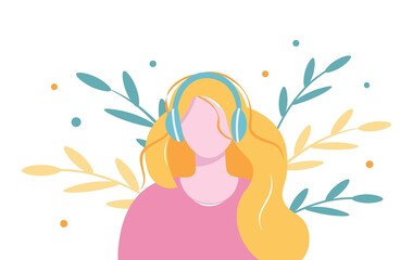 Cute young woman - flat character in headphones listens to her favorite music. Enjoy listening to music concept. Vector isolated illustration with a girl in a pink blouse.
