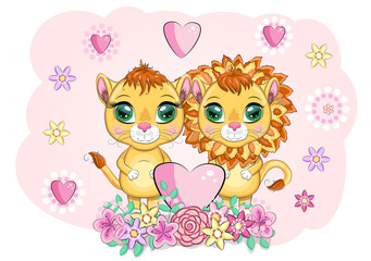 baby shower invitation for boy and girl.Blue and pink chevron background with Cute cartoon lion and lioness with big eyes in a bright style of children.