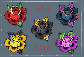 Collection of colored traditional tattoo roses custom old school flowers