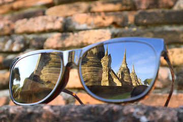 Historic Pagodas of Wat Phra Si Sanphet Temple Reflecting on Sunglasses, Ayutthaya Historical Park, Thailand