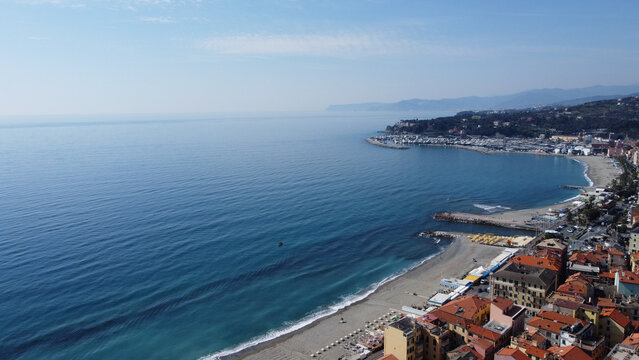 Beautiful view of the cityscape of Varazze next to the sea.