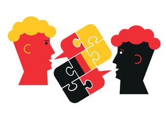 

German language lesson dialog, male heads symbol.
Two students and Puzzle bubble talk with a German flag symbolizing German conversation. Isolated on white background. Vector available.