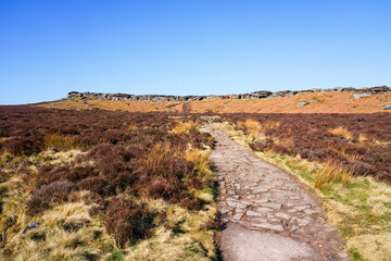 Uneven path crosses dry moorland and up to the top of Stanage Edge.