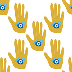 doodle seamless pattern Hamsa eye, magical eye, decor element. Pink, green, golden eyes. Fabric textile