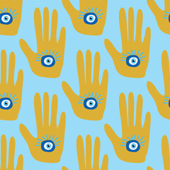 doodle seamless pattern Hamsa eye, magical eye, decor element. Pink, green, golden eyes. Fabric textile