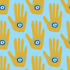 Fototapeta premium doodle seamless pattern Hamsa eye, magical eye, decor element. Pink, green, golden eyes. Fabric textile