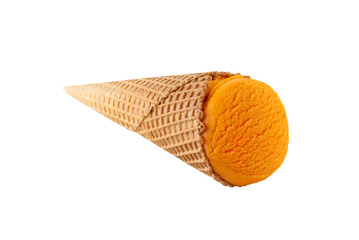 Orange ice cream cone isolated on a white background.
