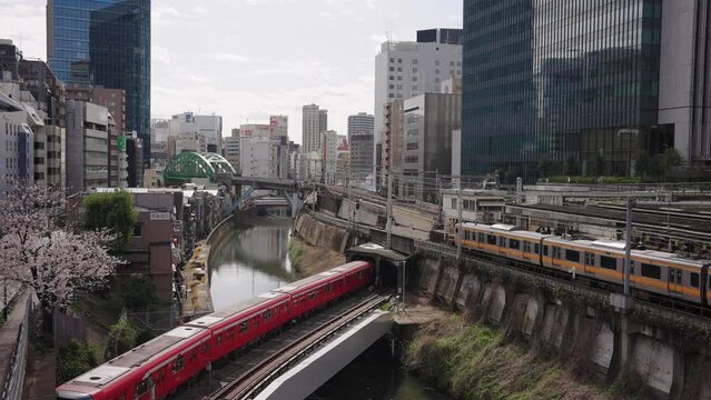 Ochanomizu Station in the Morning, Trains Crossing Kanda River in Tokyo