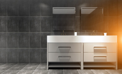 Bathroom interior bathtub. 3D rendering.. Sunset.