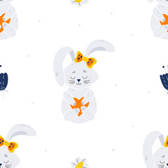 Cute Easter bunny seamless pattern. Cartoon sleeping baby bunny, dots and flowers. Pastel colors pattern for kids fabric, wrapping paper, textile print