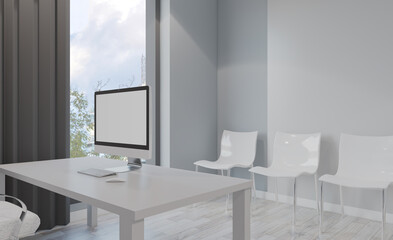 Open space office interior with like conference room. Mockup. 3D rendering.
