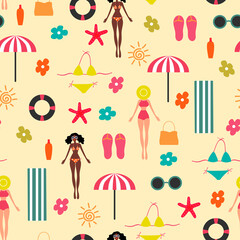 Summer time seamless pattern. Colorful vector illustration in flat style.