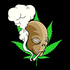Alien smoking marijuana with leaf background
