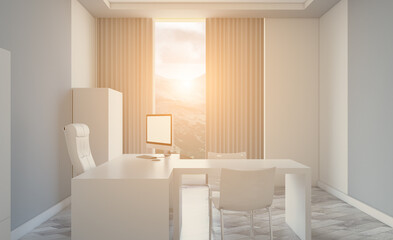 Modern office Cabinet.  3D rendering.   Meeting room. Sunset.