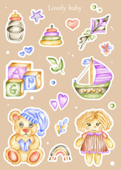 Baby stuffs  printable stickers. Boy and girl collection of toys. Watercolor hand draw illustraions.