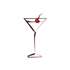 Sketched glass of martini and cherry isolated on white background. Hand drawn vector illustration. Design template for label, banner, postcard or logo.