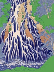 Illustration of blue waterfall and the natural giant rock in deep forest in Japanese ukiyo-e style