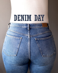 Back view of a woman wearing high waisted blue jeans. Denim Day written on a white shirt.