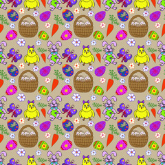 Vector easter pattern. Easter doodles of hare, chicken, eggs