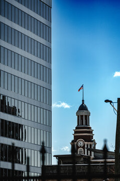 Vertical Shot Of A Tennessee Downtown With Modern Building And Old Theatre, USA