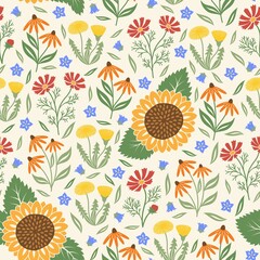 Seamless pattern with garden flowers. Vector illustration.